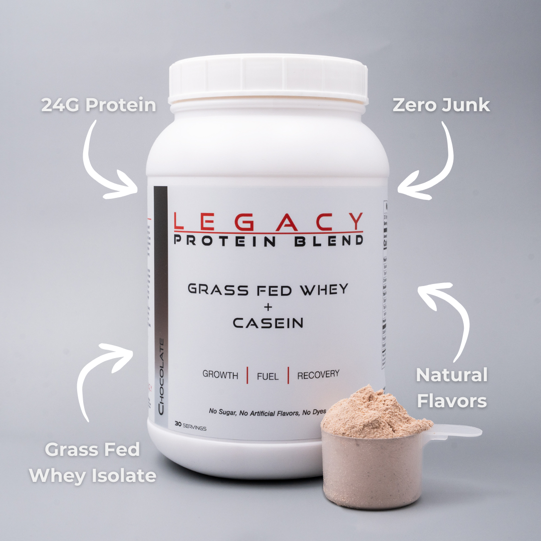 Legacy Grass-Fed Protein Blend scoop with key ingredients, showcasing natural protein powder for vitamins and supplements.