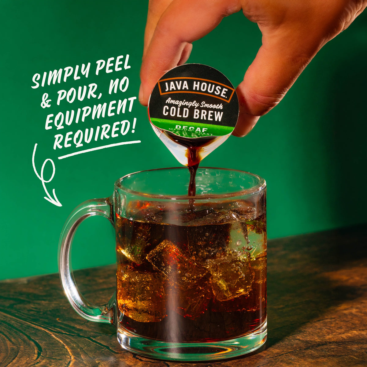 Decaf cold brew coffee pods from Java House, showcasing a box of single-serving coffee pods for easy brewing.