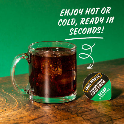 Decaf Cold Brew Coffee Pods by Java House, showing a box of premium decaffeinated coffee pods for cold brewing.
