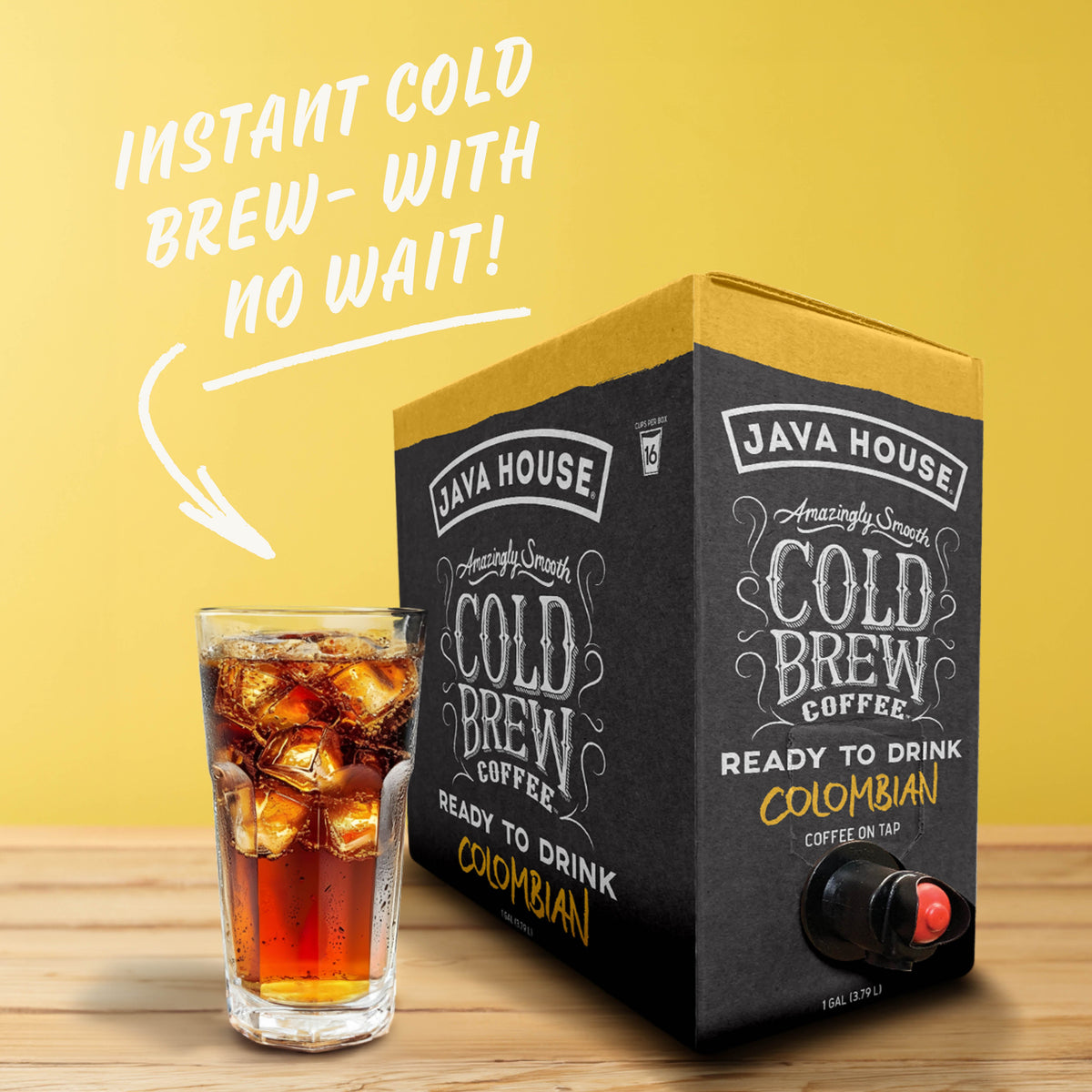 Cold brew on tap from Java House, Colombian coffee served in a sleek dispenser with dark, rich coffee visible inside.