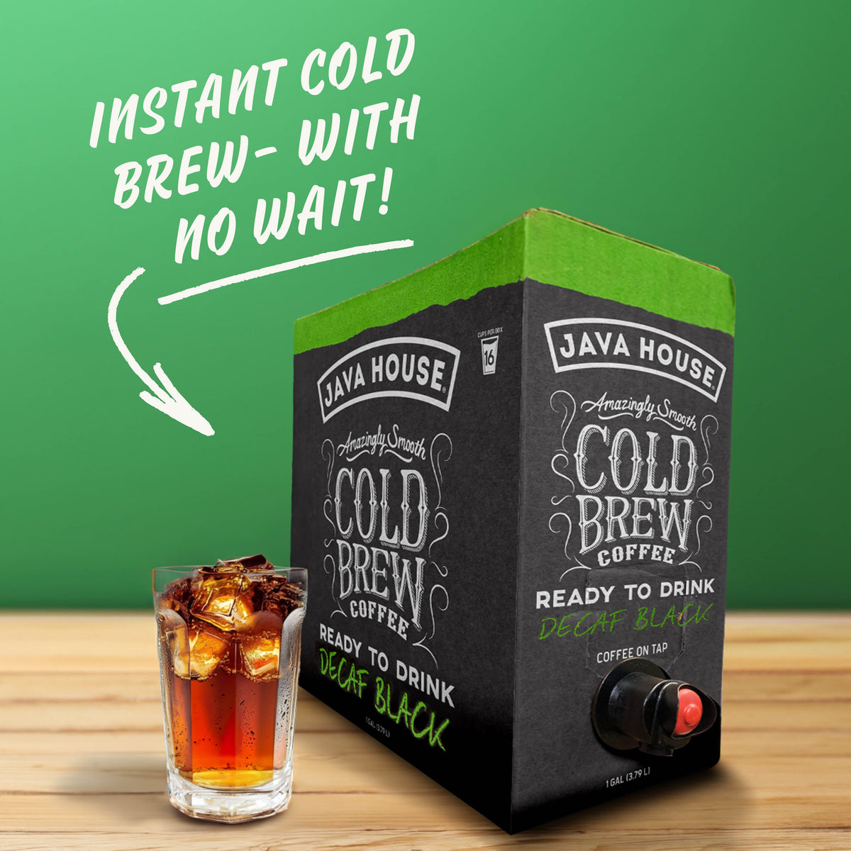 Decaf cold brew coffee on tap by Java House, served in a clear glass with ice and a straw, highlighting a refreshing coffee beverage.