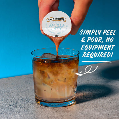Cold Brew Latte with French Vanilla flavor from Java House, featuring a creamy, chilled coffee beverage in a clear glass.