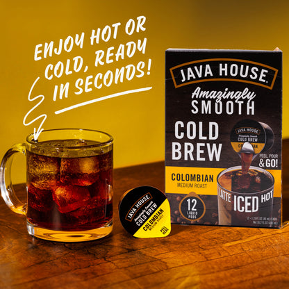 Java House Colombian cold brew coffee pods displayed in a clear box with several pods visible.