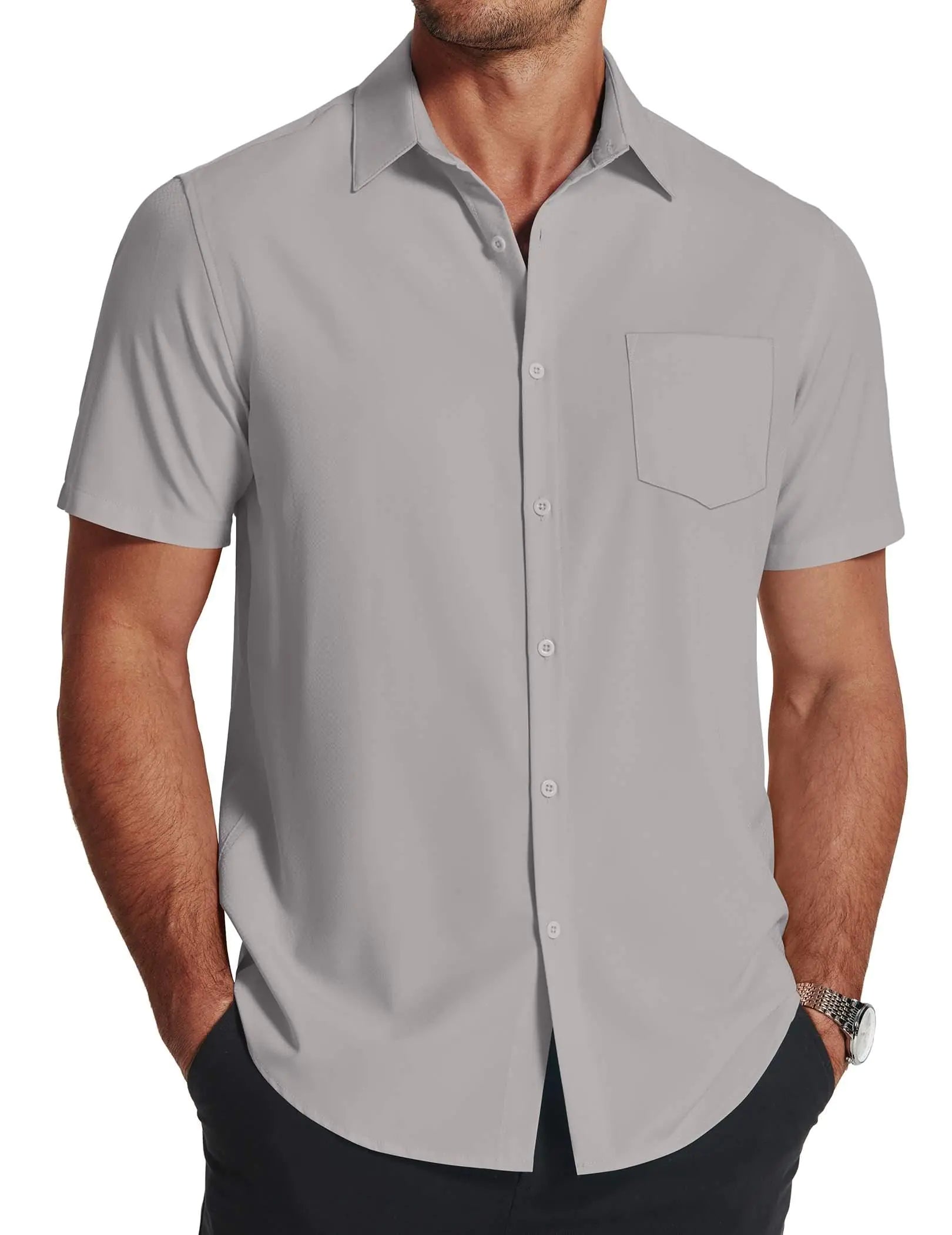 COOFANDY Mens Dress Shirt Short Sleeve Caual Button Down Shirt Business Office Shirt Light Grey