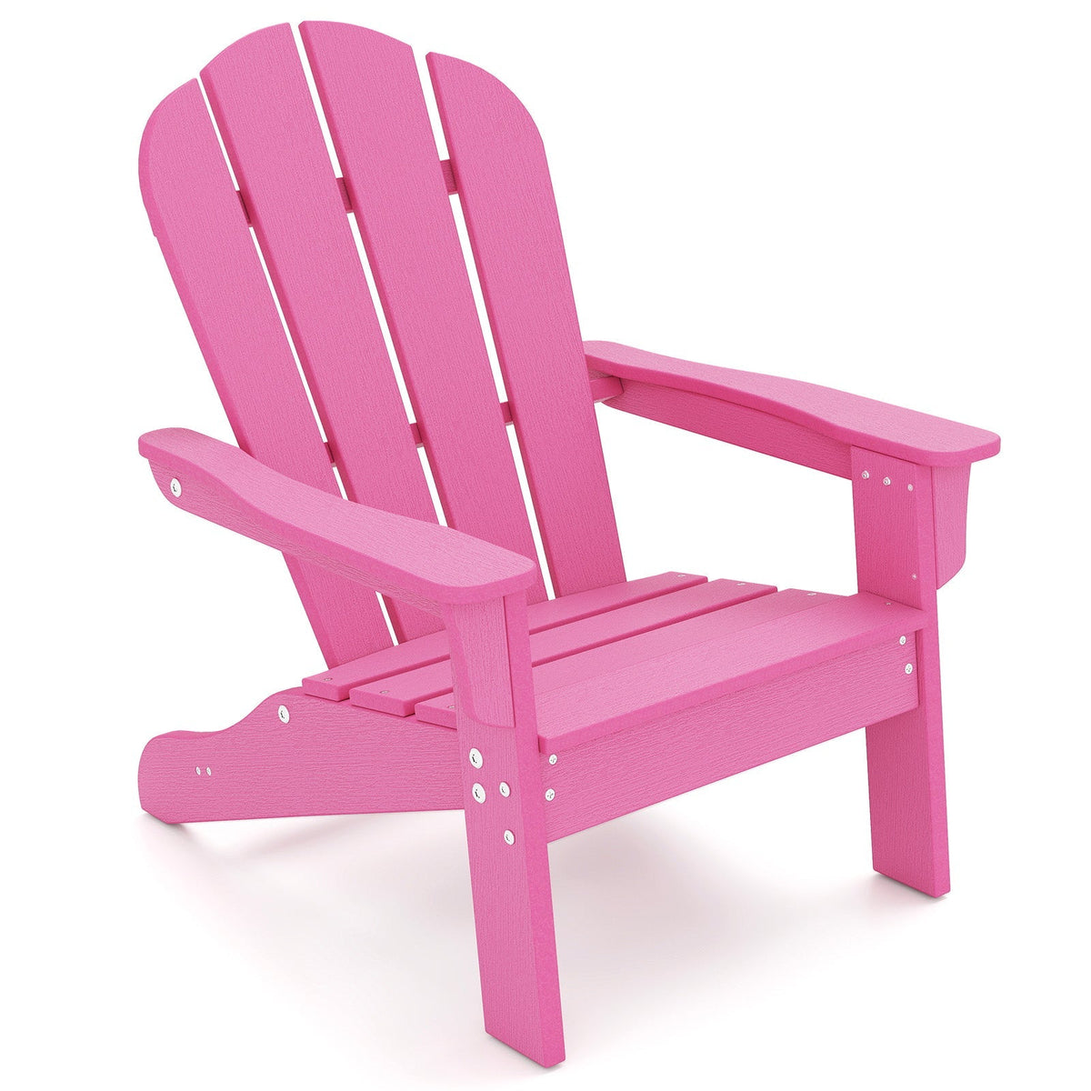 Pink all-weather kids Adirondack lawn chair made of HDPE plastic, toddler-sized, suitable for outdoor use, from GBruno Store.