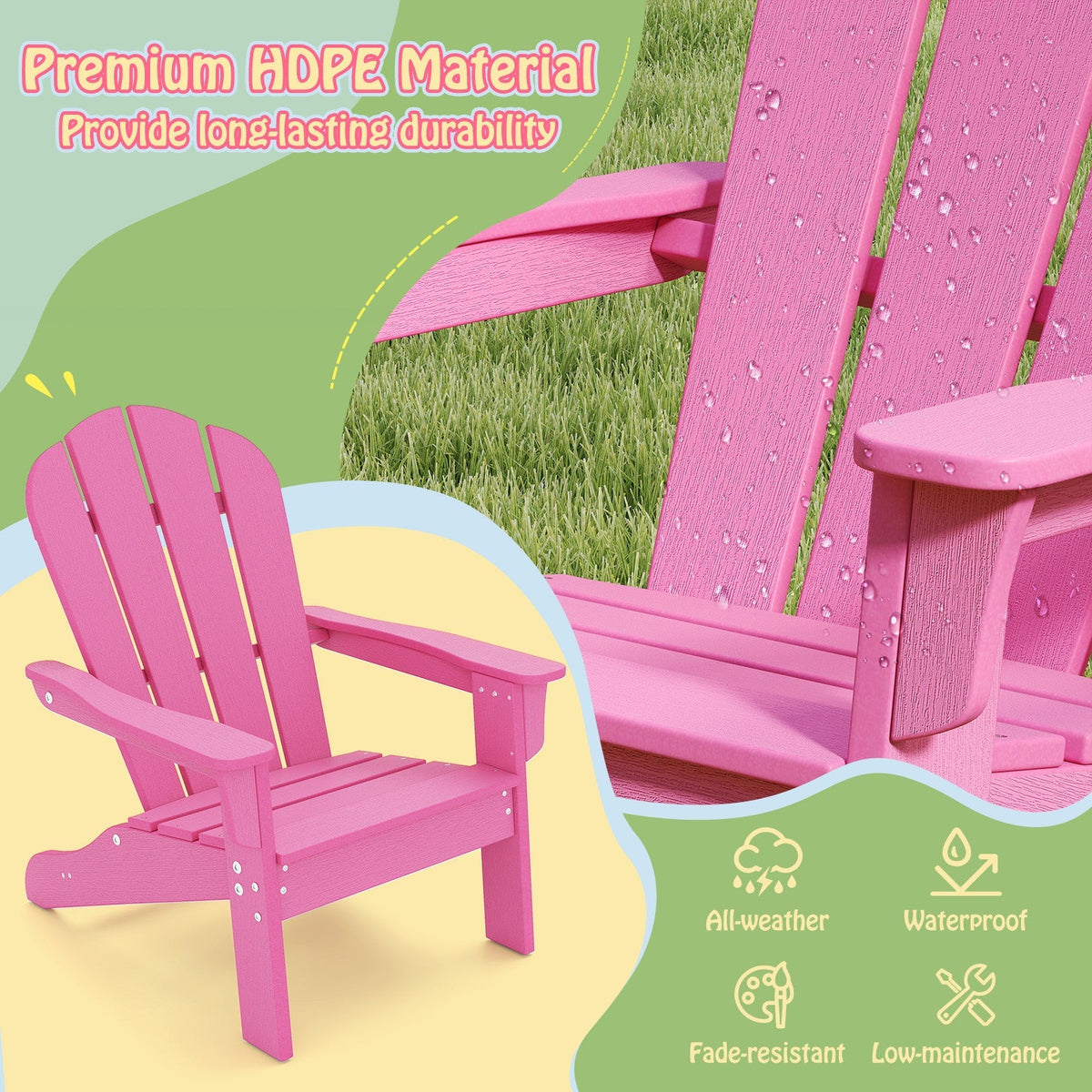 Pink kids Adirondack lawn chair, all-weather HDPE toddler outdoor chair by GBruno Store, suitable for outdoor play and relaxation.