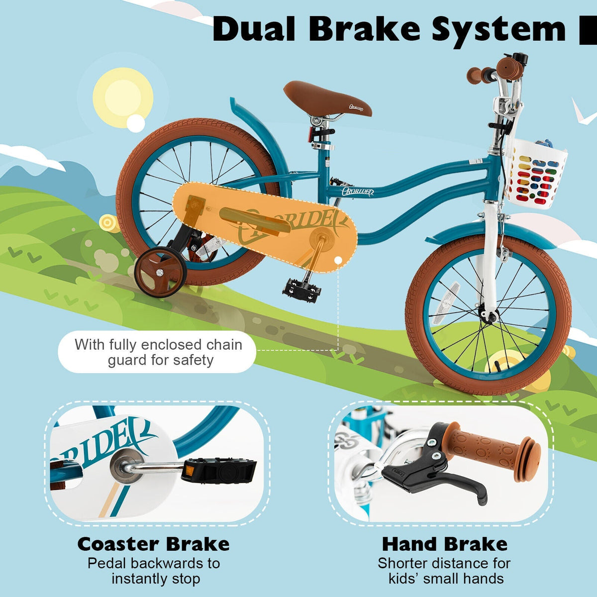 16-inch kids bike with training wheels and front handbrake, adjustable frame for toddlers, in vibrant colors.