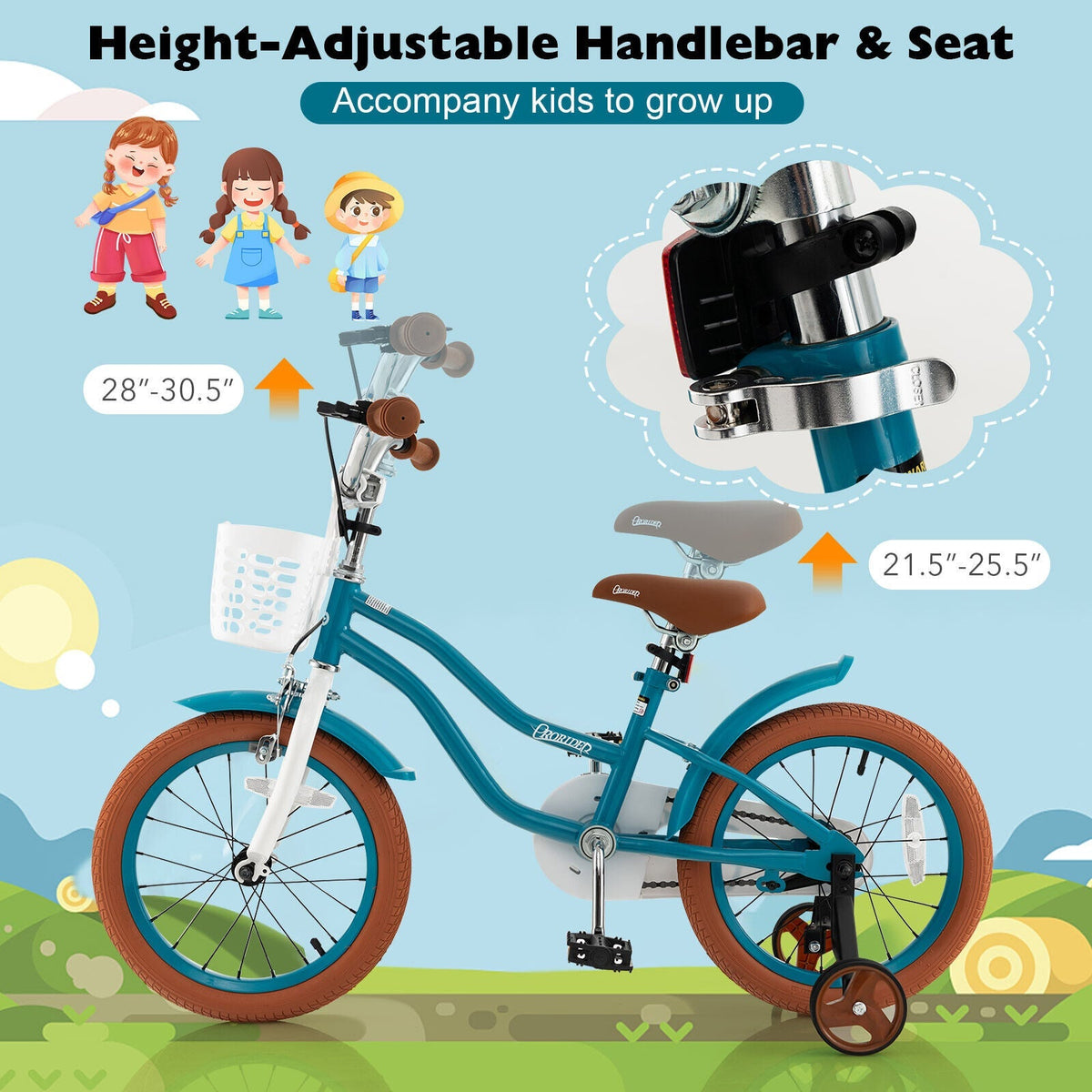 16-inch GBruno Store kids bike with training wheels, front handbrake, adjustable seat, suitable for toddlers and young children.