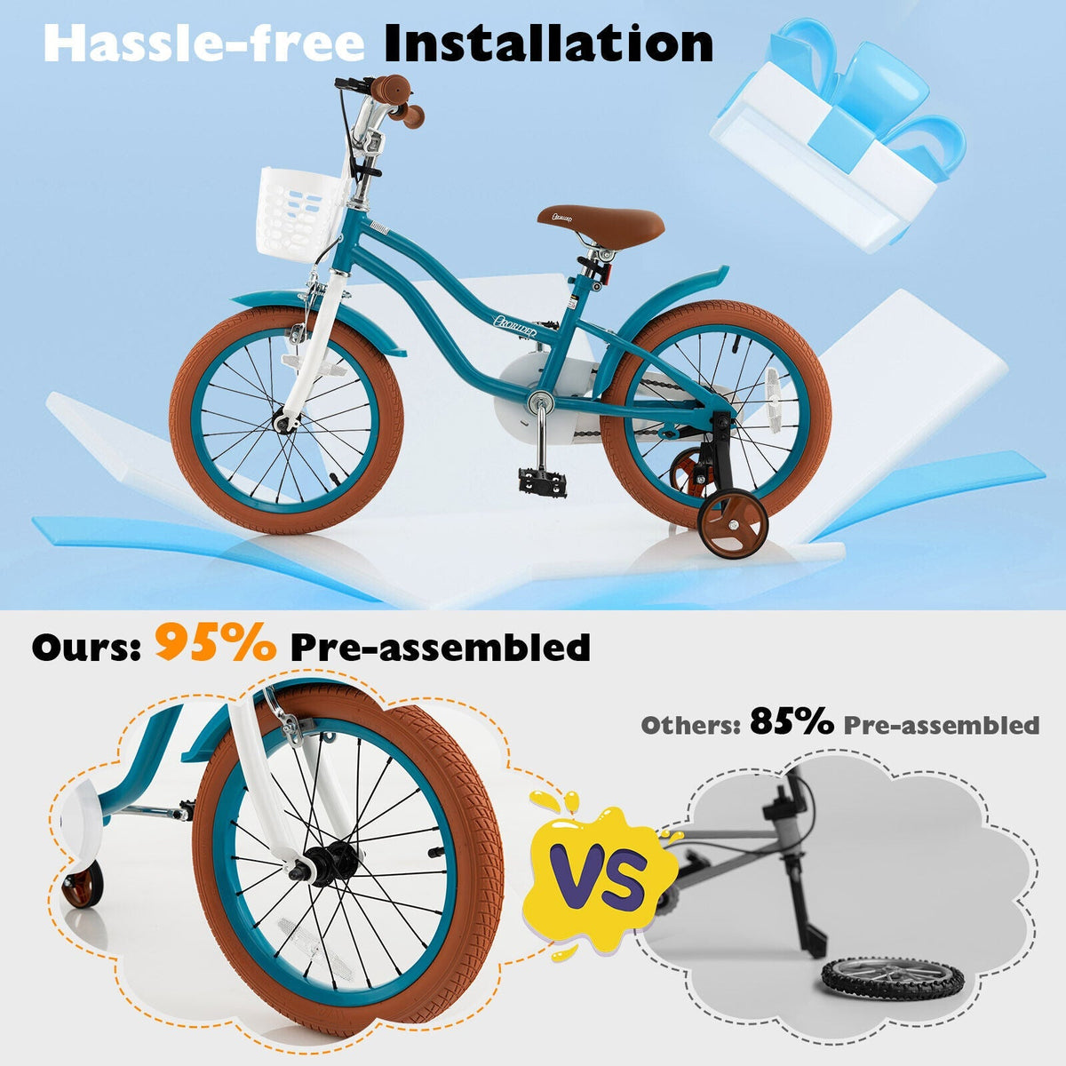 16-inch kids bike with training wheels, front handbrake, adjustable seat, and durable frame for toddlers and young children.