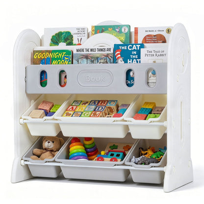 Kids storage organizer with 6 colorful bins and a bookshelf, ideal for children's toys and books, by GBruno Store.