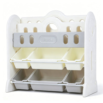 Kids storage organizer with a bookshelf and six colorful bins, ideal for children's books and toy organization in a playroom.