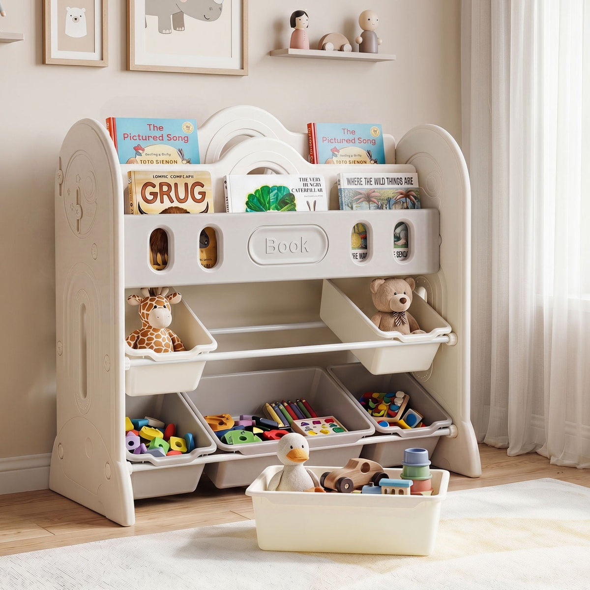 Kids storage organizer with 6 colorful bins, wooden bookshelf for kids' books and toys from GBruno Store