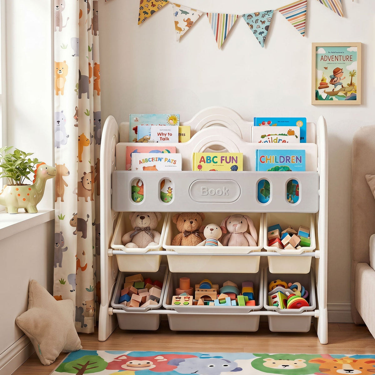 Kids storage organizer by GBruno Store with a bookshelf and six colorful bins for kids' books and toys.