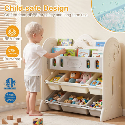Kids storage organizer by GBruno Store with a bookshelf and six colorful bins for kids' books and toys.