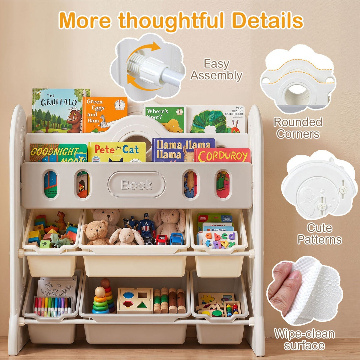 Kids storage organizer by GBruno Store featuring a bookshelf and six colorful bins for kids' books and toys.