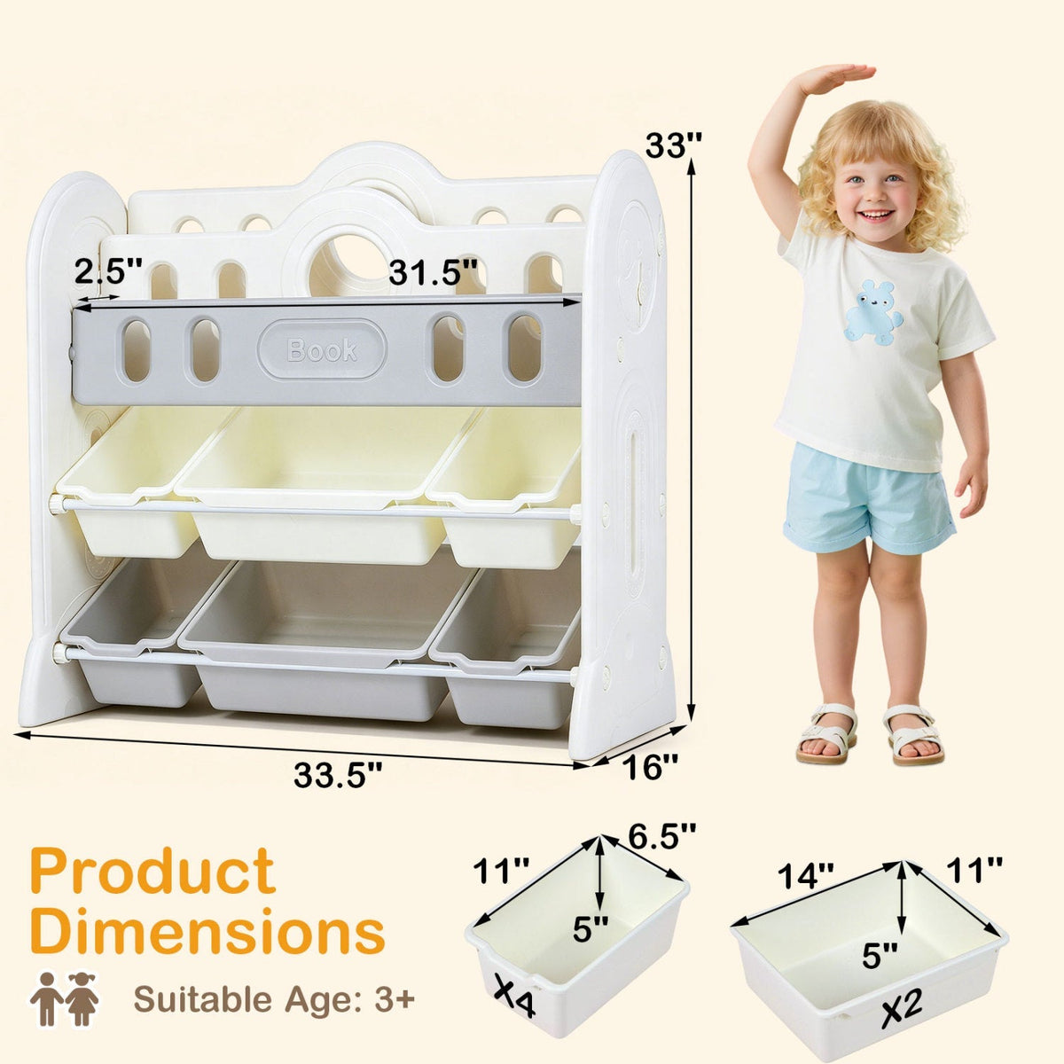 Kids storage organizer by GBruno Store with a bookshelf and six colorful bins for toys and books, ideal for children’s playroom.