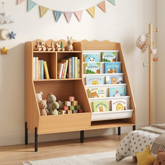 Kids bookshelf and toy storage organizer with five fabric pockets, made by GBruno Store for children’s room organization.