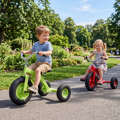 Kids bike with carbon steel frame and 15-inch inflatable tires, designed for young riders, featuring colorful safety gear.