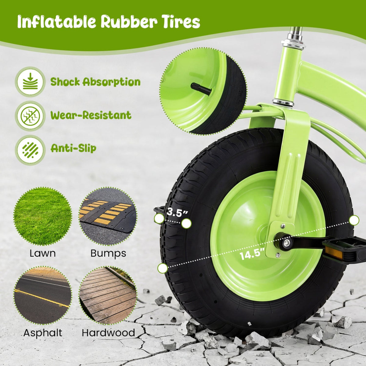 Kids bike with carbon steel frame and 15-inch inflatable tires, featuring a sturdy design and colorful accents for young riders.