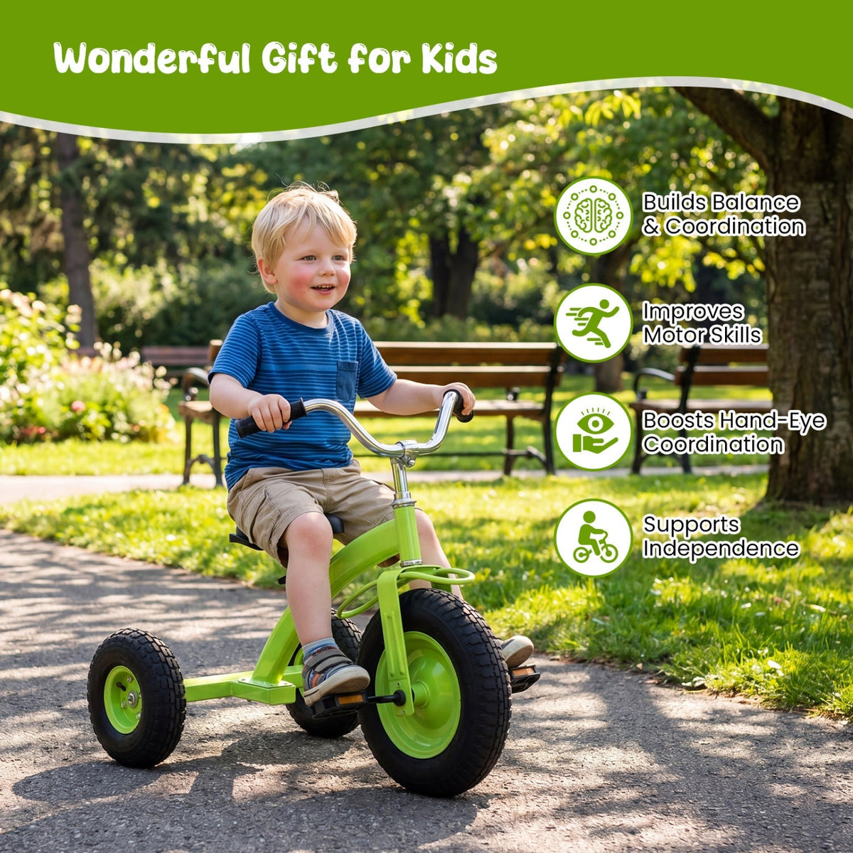 Kids bike with carbon steel frame and 15-inch inflatable tires, designed for young riders, by GBruno Store.