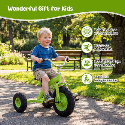 Kids carbon steel bike with 15-inch inflatable tires, featuring a sturdy frame and colorful design perfect for young riders.