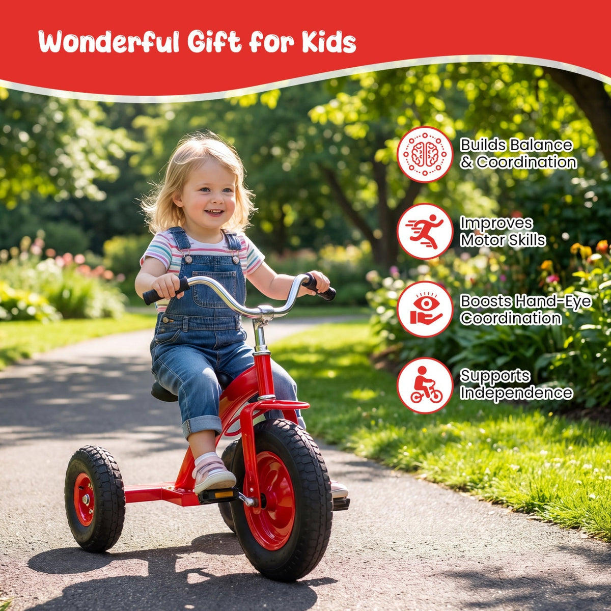 Kids carbon steel bike with 15-inch inflatable tires, featuring a sturdy frame and colorful accents for young riders.