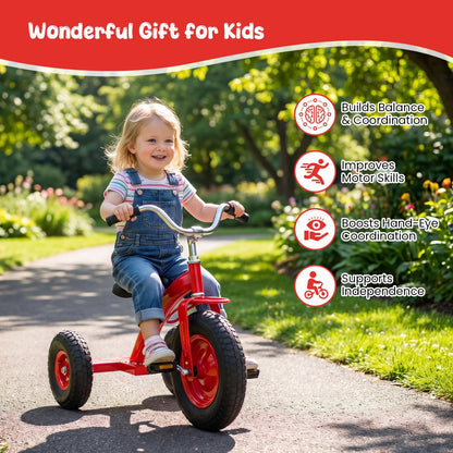 Kids carbon steel bike with 15-inch inflatable tires, featuring a sturdy frame and colorful accents for young riders.