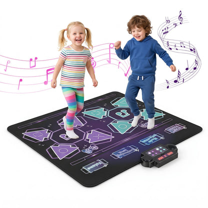 Kids dance mat with LED lights, featuring 8 songs, electronic music buttons, and colorful surface for active play and fun.