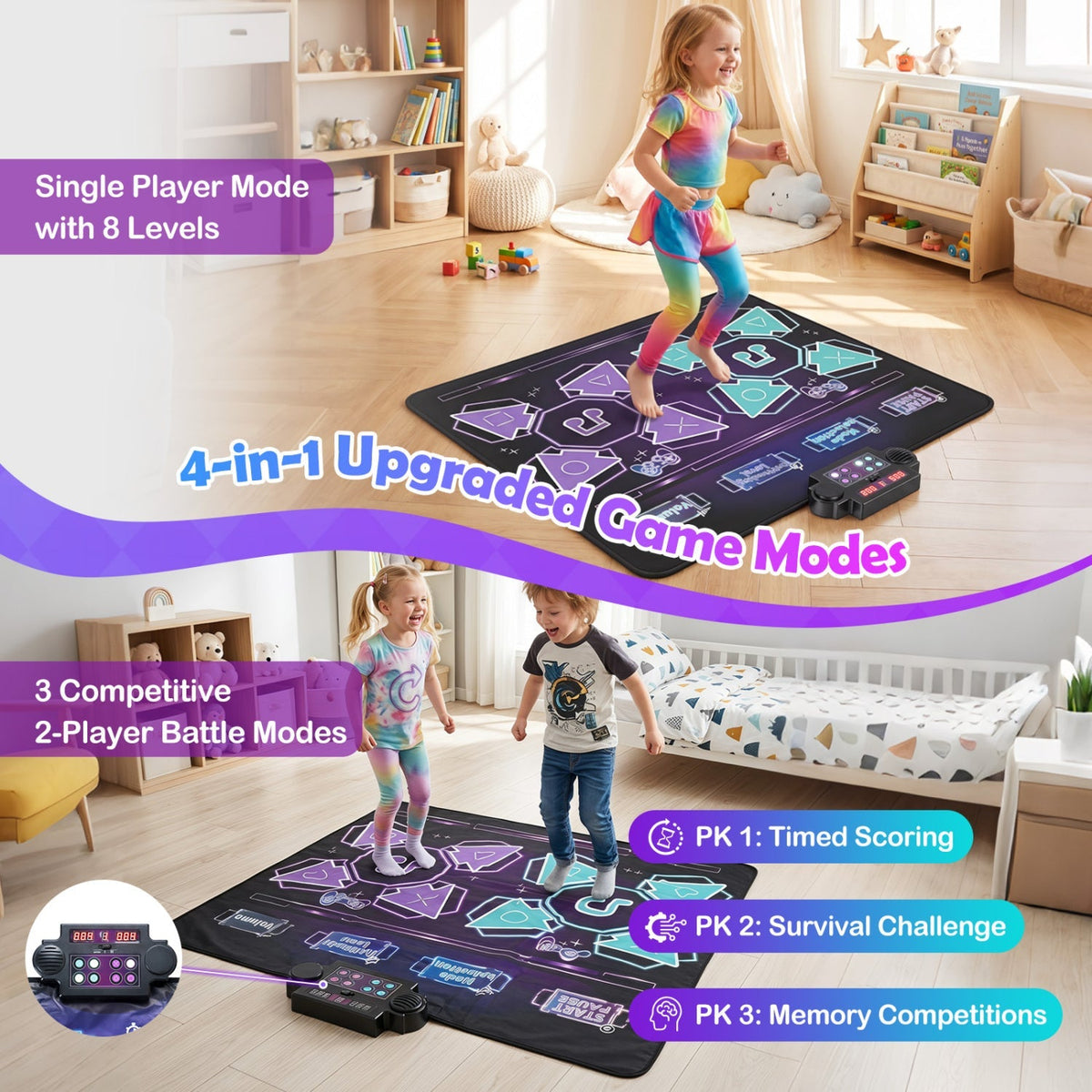 Electronic kids dance mat by GBruno Store with LED lights and 8 songs, featuring colorful footpad areas for interactive play.