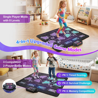 Electronic kids dance mat by GBruno Store with LED lights and 8 songs, featuring colorful footpad areas for interactive play.
