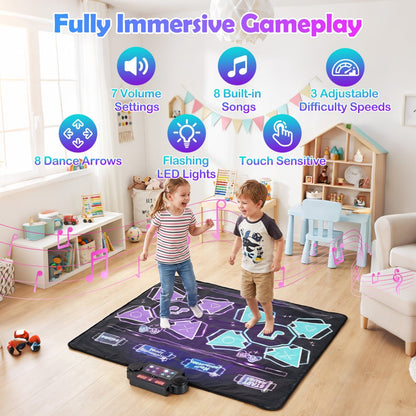 Electronic kids dance mat with LED lights and 8 songs, featuring colorful buttons for active play.