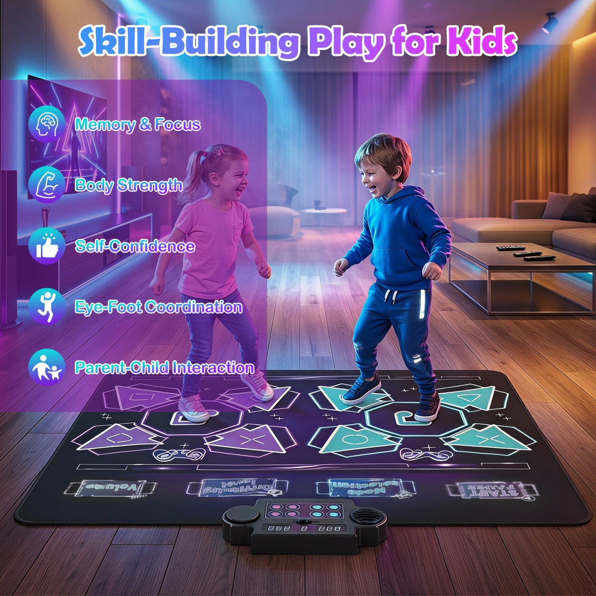 Electronic kids dance mat by GBruno Store featuring LED lights, 8 songs, and colorful dance surface for active play.