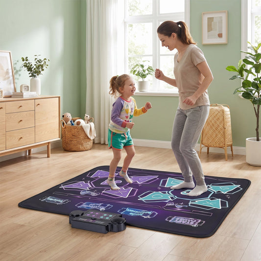 Electronic kids dance mat by GBruno Store with LED lights and 8 songs, featuring colorful buttons and playful design.