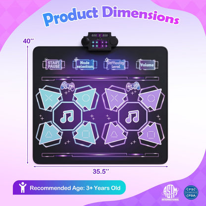 Kids dance mat by GBruno Store with LED lights and 8 songs, showing colorful buttons and playful design for children.