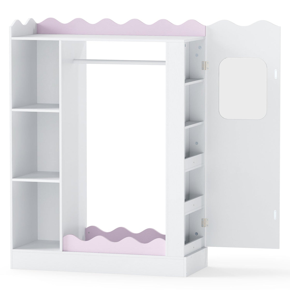 Pink kids storage furniture with mirror and hanging rack for dress-up organization, designed for children's bedroom or playroom.