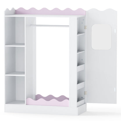Pink kids storage furniture with mirror and hanging rack for dress-up organization, designed for children's bedroom or playroom.