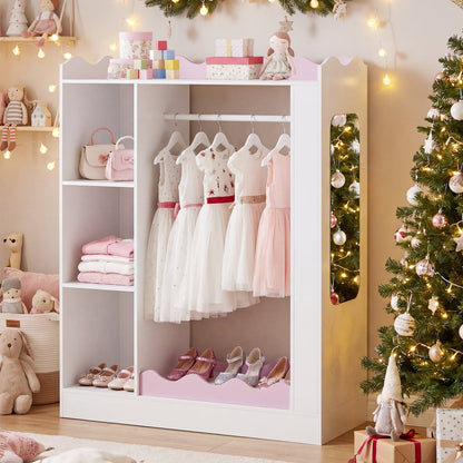 Pink kids dress-up storage with mirror and hanging rack, featuring shelves and space for organizing children’s costumes and accessories.