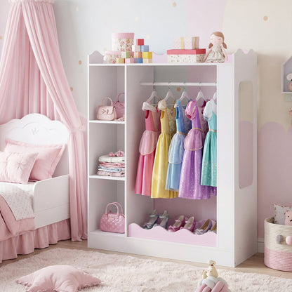 Pink kids dress-up storage with mirror and hanging rack, made of GBruno Store kids storage furniture for organized play and dressing.