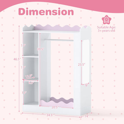 Pink kids dress-up storage furniture with mirror and hanging rack, featuring compartments for organizing children's clothing and accessories.