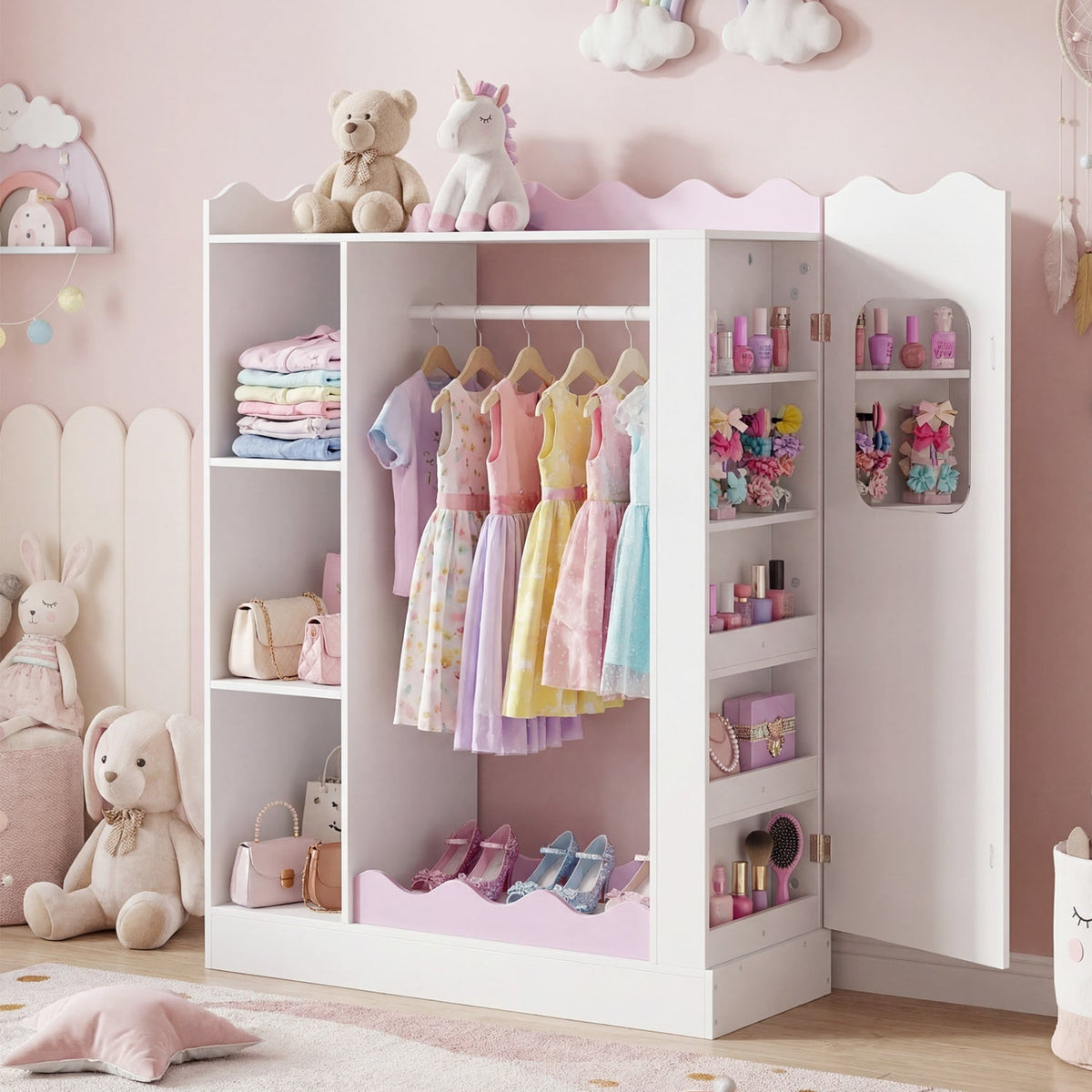 Pink kids dress-up storage with mirror and hanging rack, featuring shelves and hooks for organizing children's clothing and accessories.