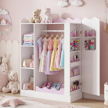 Pink kids dress-up storage with mirror and hanging rack, featuring shelves and hooks for organizing children's clothing and accessories.