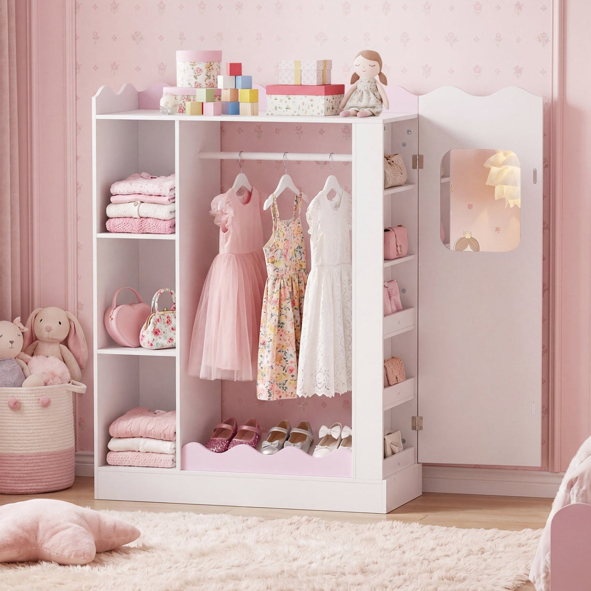Pink kids dress-up storage furniture with mirror and hanging rack, designed for organizing children's clothing and accessories.
