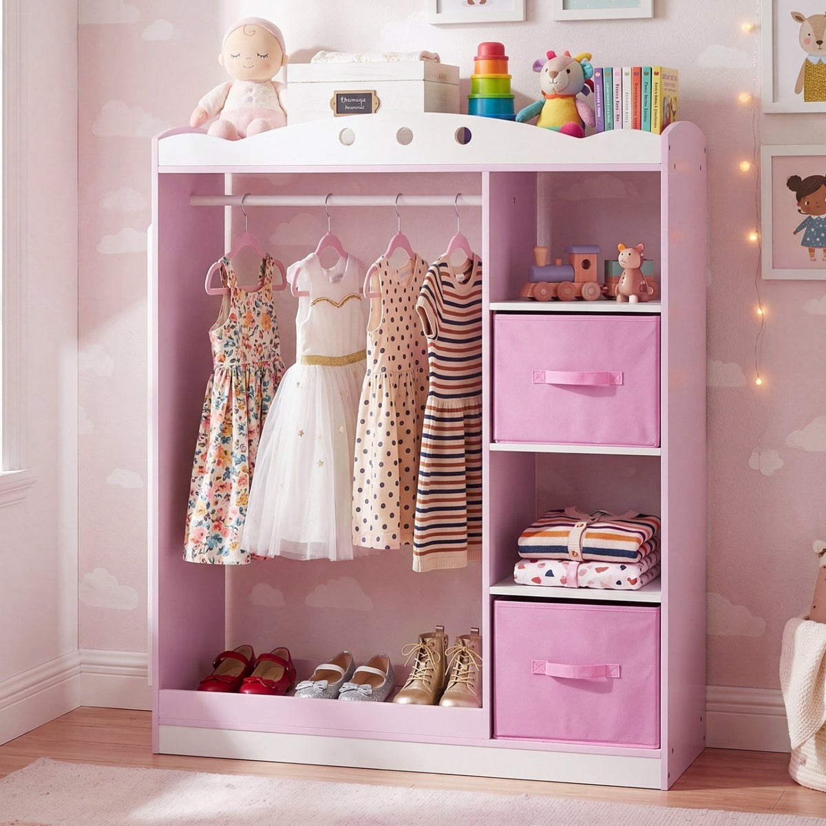 Pink kids dress-up storage furniture with a full-length mirror, designed for organizing children's costumes and accessories.