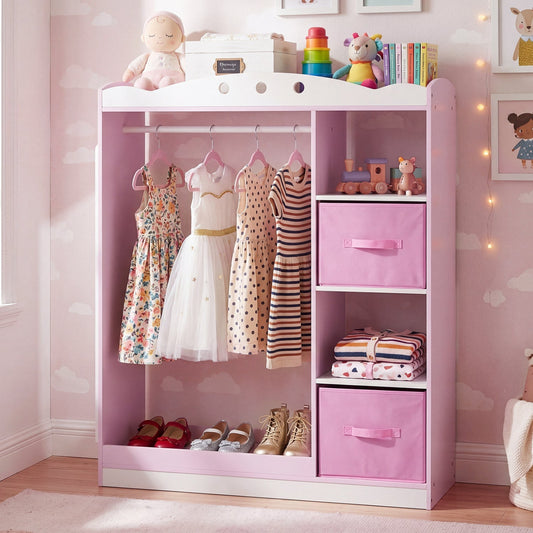 Pink kids dress-up storage furniture with a full-length mirror, designed for organizing children's costumes and accessories.