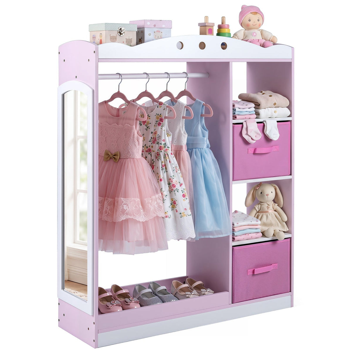Pink kids dress-up storage cabinet with full-length mirror, designed for children's clothing and accessory organization.