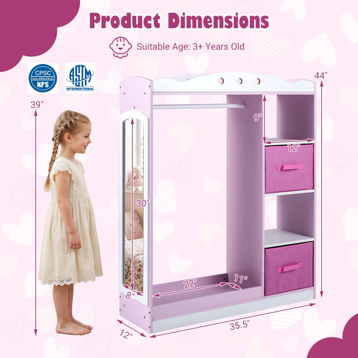 Pink kids dress-up storage with full-length mirror, GBruno Store furniture for organizing children's costumes and accessories.