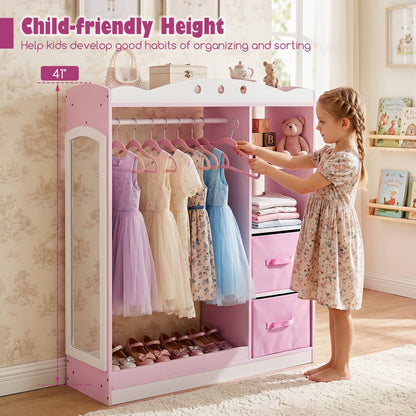 Pink kids dress-up storage with full-length mirror, featuring organized compartments and a fun, child-friendly design by GBruno Store.