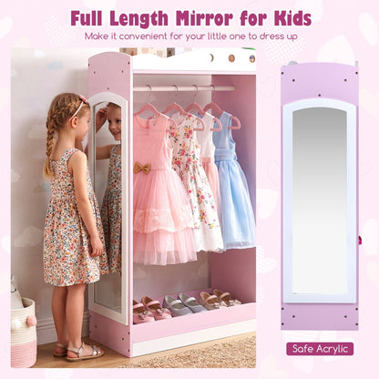 Pink kids dress-up storage with full-length mirror, GBruno Store kids furniture for organizing costumes and accessories.