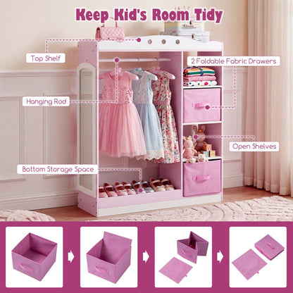 Pink kids dress-up storage with full-length mirror, GBruno Store children's furniture for organizing costumes and accessories.