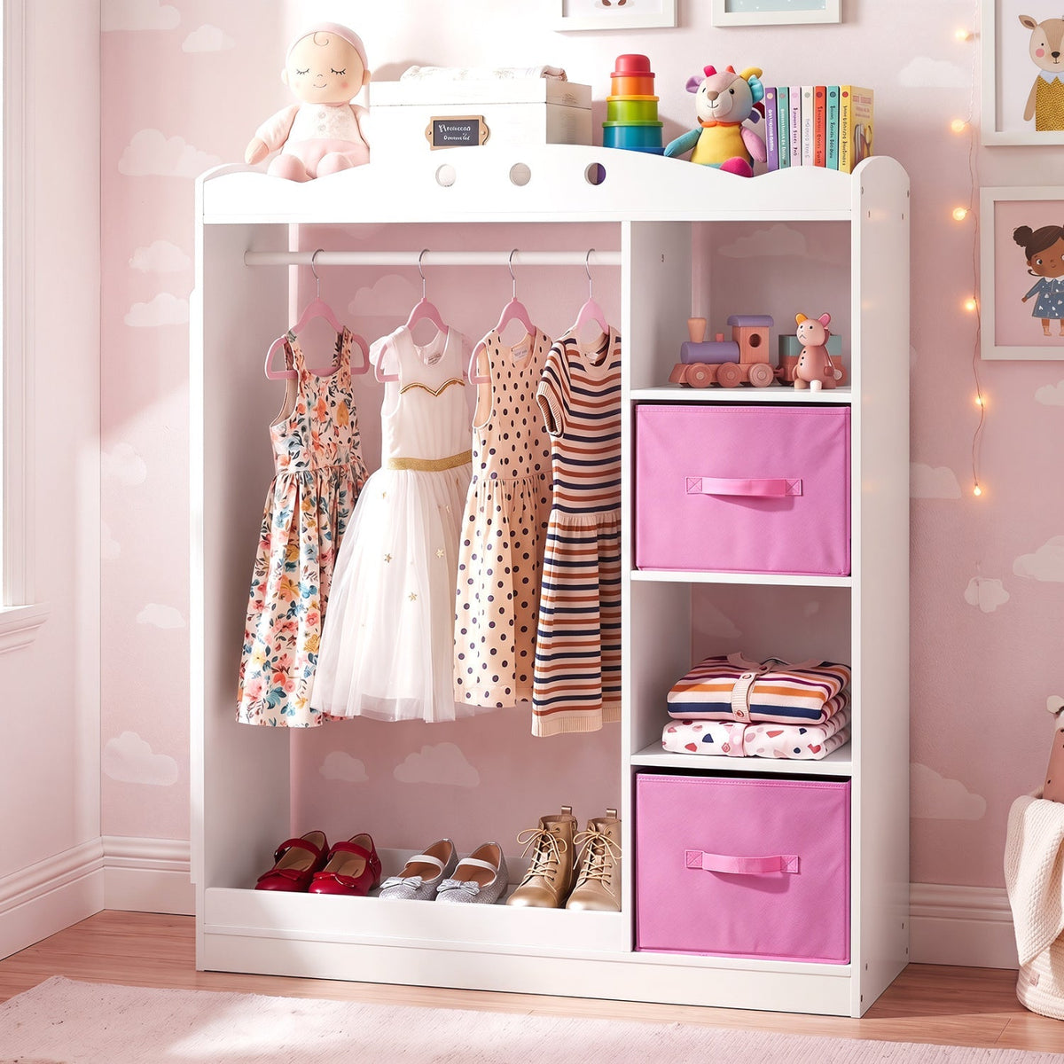 Pink kids dress-up storage with full-length mirror, toy compartments, and shelves, designed for children's bedroom organization.